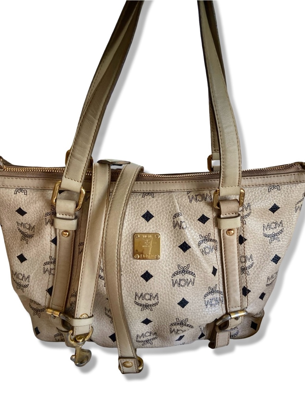 MCM Cream and Black Visetos 2-way Shopper Tote